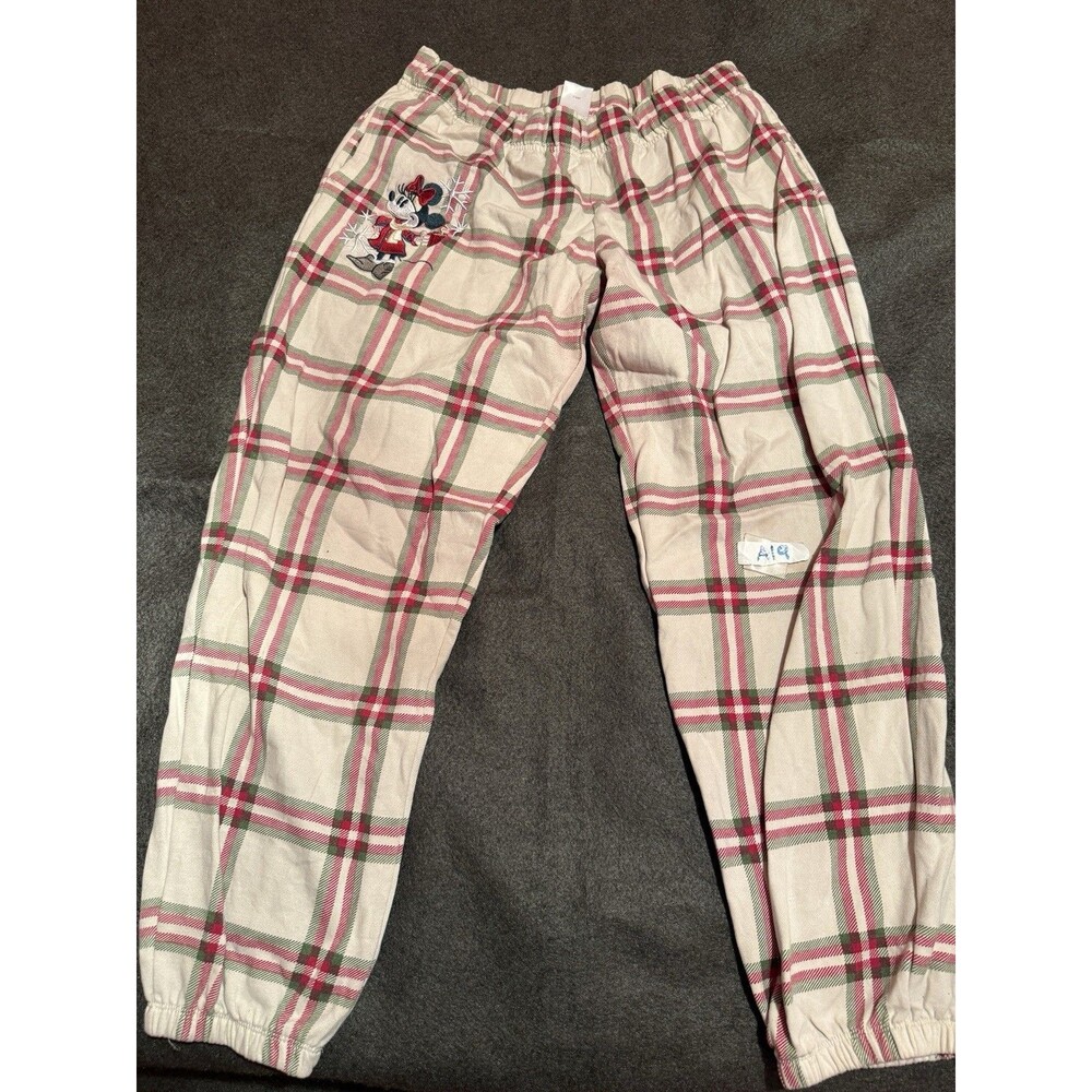 Disney Womens Pajama Pants L Large Beige Red Green Sleepwear Bottoms Plaid Xmas